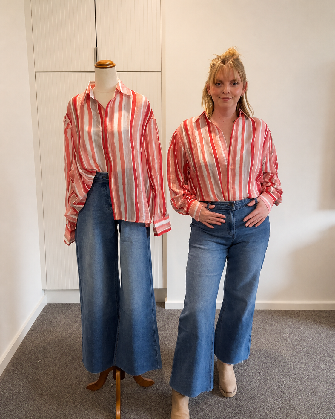 Emily Jade styling a striped shirt two ways beside a mannequin